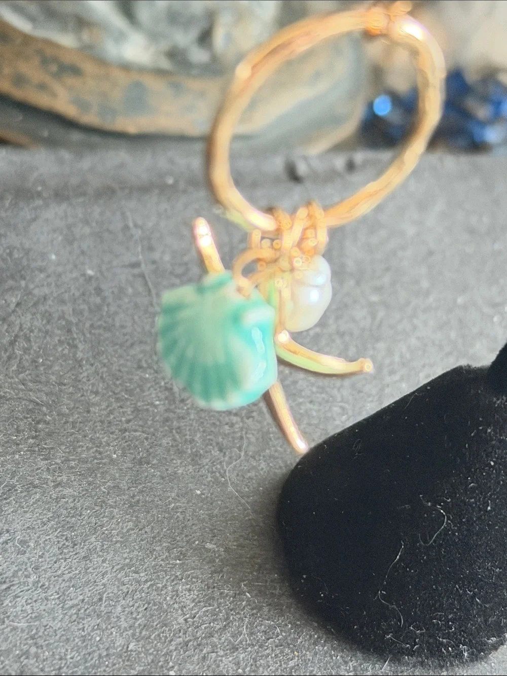 Gold Hoop Earrings with Aqua Shell Charms pearls starfish